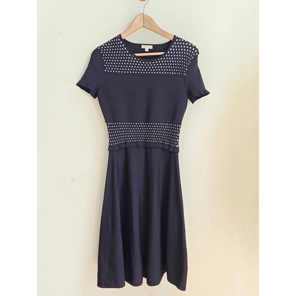 Shoshanna Knit Dress Womens Medium Black Fit & Flare Pointelle Preppy Modest